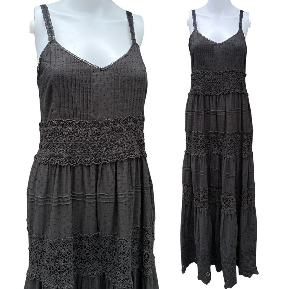 NWT Love The Label Anthropologie Black Swiss Dot Crochet Maxi Dress Tiered XS